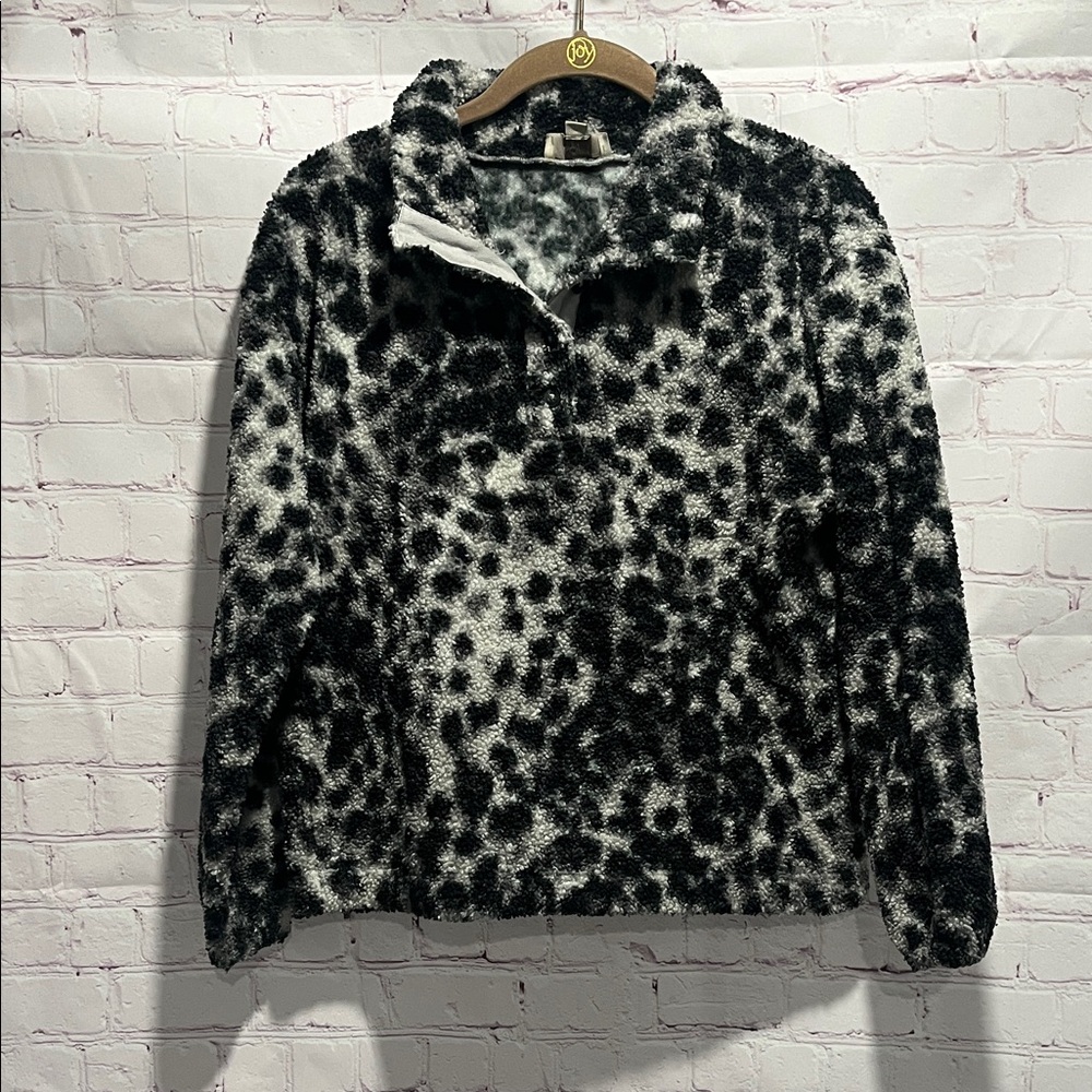 LOFT Black and Gray Cheetah Print Teddy Jacket Pullover Fleece Woman's XSP
